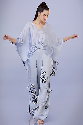 Light Grey Blended Satin Linen Hand Embroidered Trousers by Dilnaz Karbhary