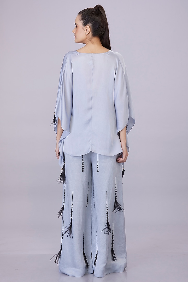Light Grey Blended Satin Linen Hand Embroidered Trousers by Dilnaz Karbhary at Pernia's Pop Up Shop