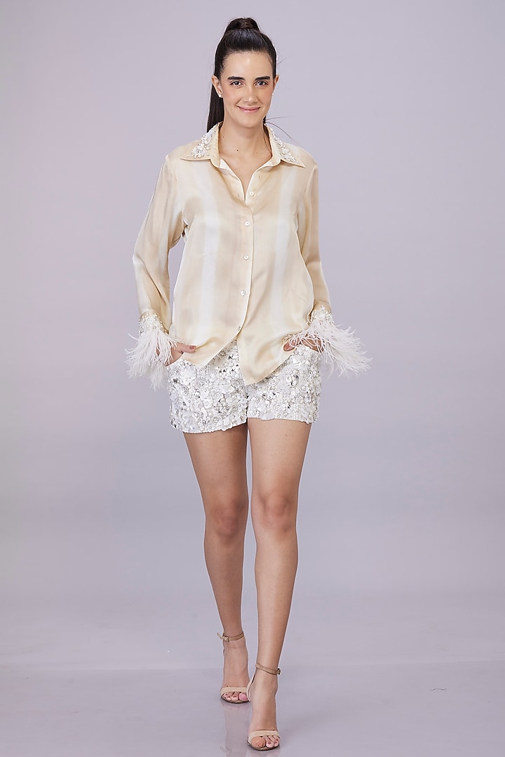 Light Beige Blended Satin Embroidered Tie-Dyed Shirt by Dilnaz Karbhary at Pernia's Pop Up Shop