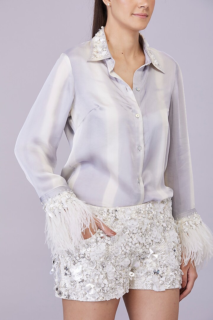 Light Grey Blended Satin Embroidered Tie-Dyed Shirt by Dilnaz Karbhary at Pernia's Pop Up Shop