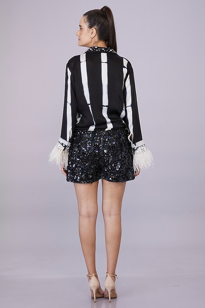 Black Stretch Net Sequin Hand Embroidered Shorts by Dilnaz Karbhary at Pernia's Pop Up Shop