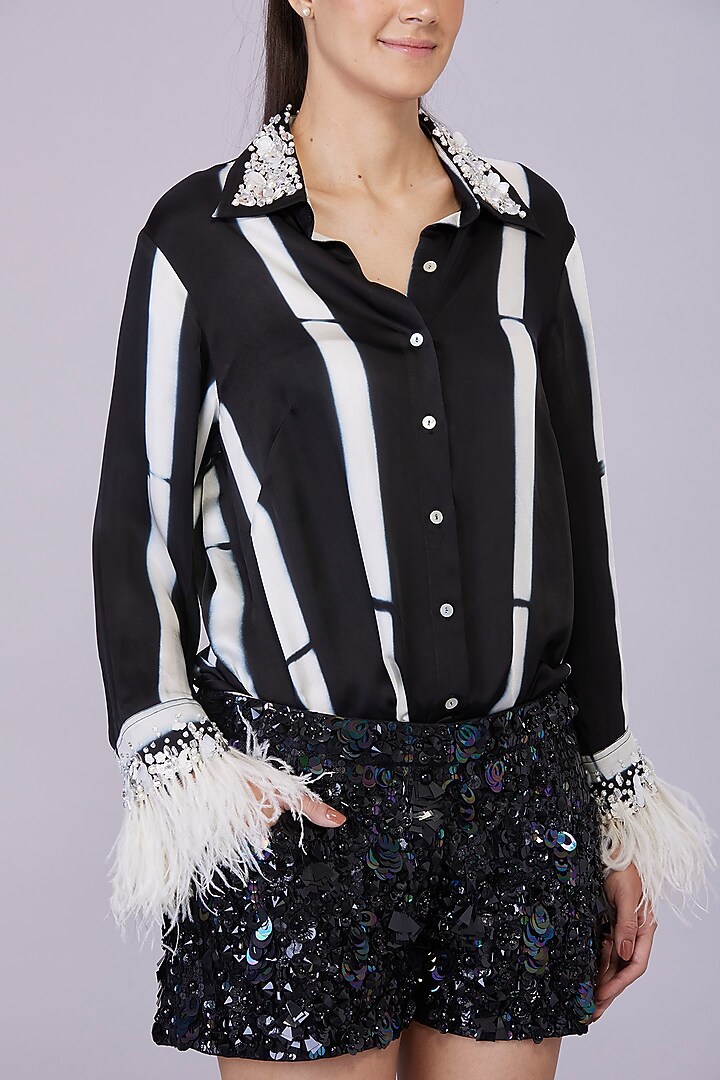 Black Stretch Net Sequin Hand Embroidered Shorts by Dilnaz Karbhary at Pernia's Pop Up Shop