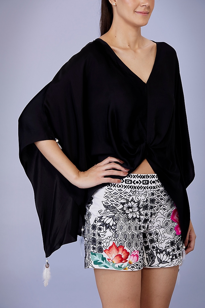 Black Blended Satin Tassel Embroidered Kaftan by Dilnaz Karbhary at Pernia's Pop Up Shop