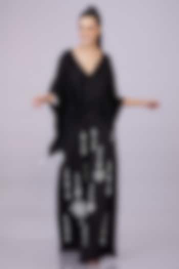 Black Blended Satin Linen Pearl Embroidered Trousers by Dilnaz Karbhary at Pernia's Pop Up Shop