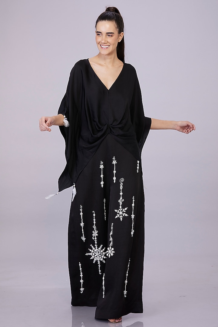 Black Blended Satin Linen Pearl Embroidered Trousers by Dilnaz Karbhary at Pernia's Pop Up Shop