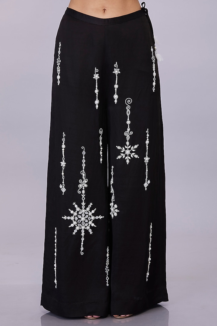 Black Blended Satin Linen Pearl Embroidered Trousers by Dilnaz Karbhary at Pernia's Pop Up Shop