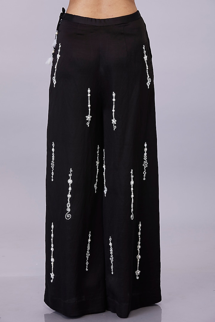 Black Blended Satin Linen Pearl Embroidered Trousers by Dilnaz Karbhary at Pernia's Pop Up Shop