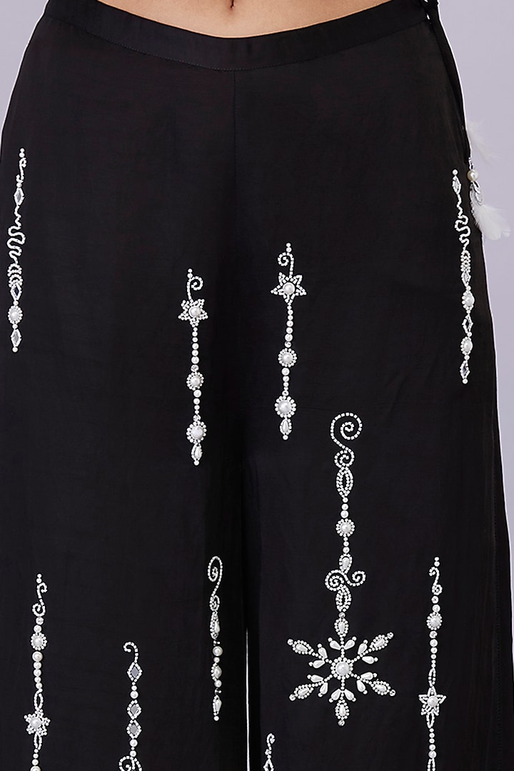 Black Blended Satin Linen Pearl Embroidered Trousers by Dilnaz Karbhary at Pernia's Pop Up Shop