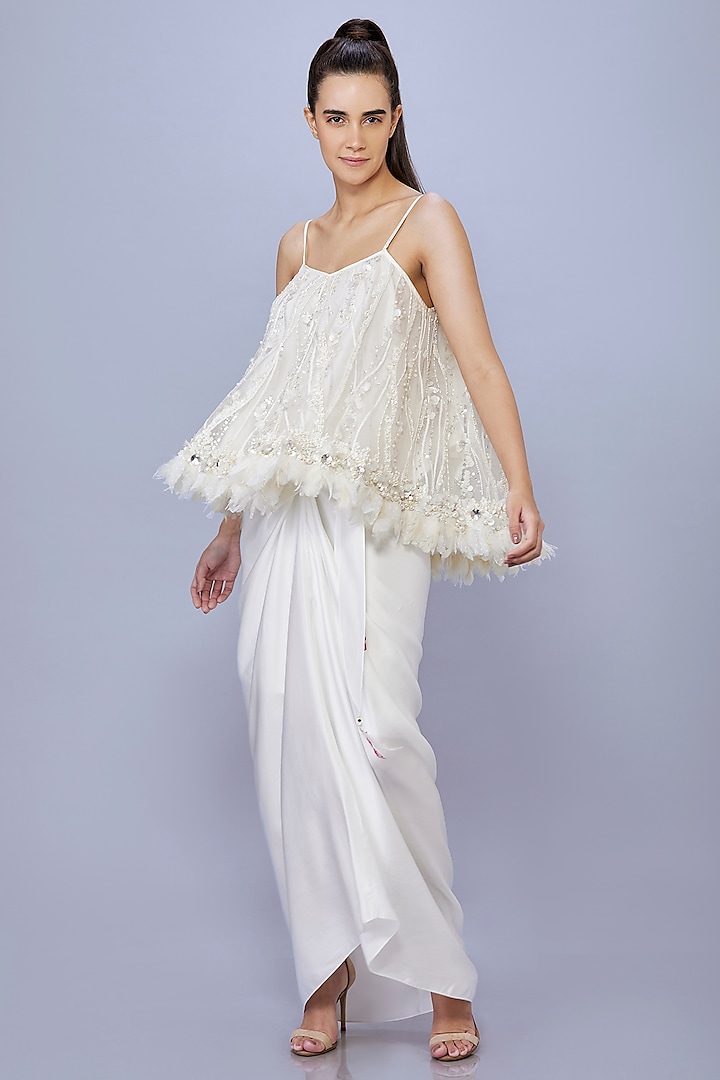 Ivory Net & Polyester Sequins Feather Camisole by Dilnaz Karbhary at Pernia's Pop Up Shop