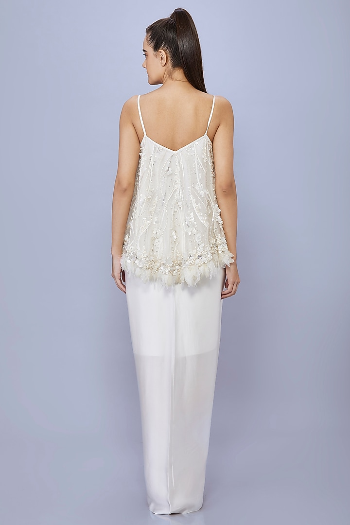 Ivory Net & Polyester Sequins Feather Camisole by Dilnaz Karbhary at Pernia's Pop Up Shop