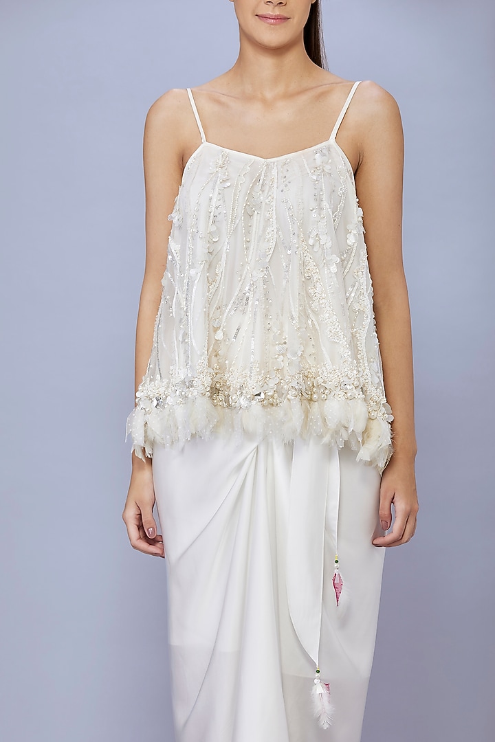 Ivory Net & Polyester Sequins Feather Camisole by Dilnaz Karbhary at Pernia's Pop Up Shop