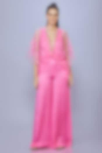 Pop Pink Blended Satin Jumpsuit With Kaftan by Dilnaz Karbhary at Pernia's Pop Up Shop