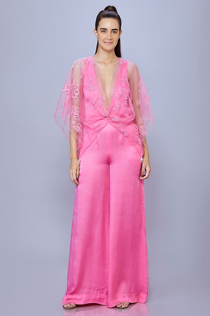 Pop Pink Blended Satin Jumpsuit With Kaftan by Dilnaz Karbhary at Pernia's Pop Up Shop