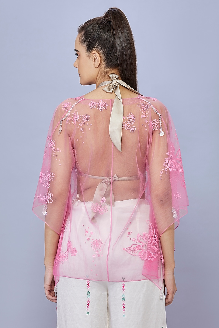 Pop Pink Net Thread Embroidered Kaftan by Dilnaz Karbhary at Pernia's Pop Up Shop