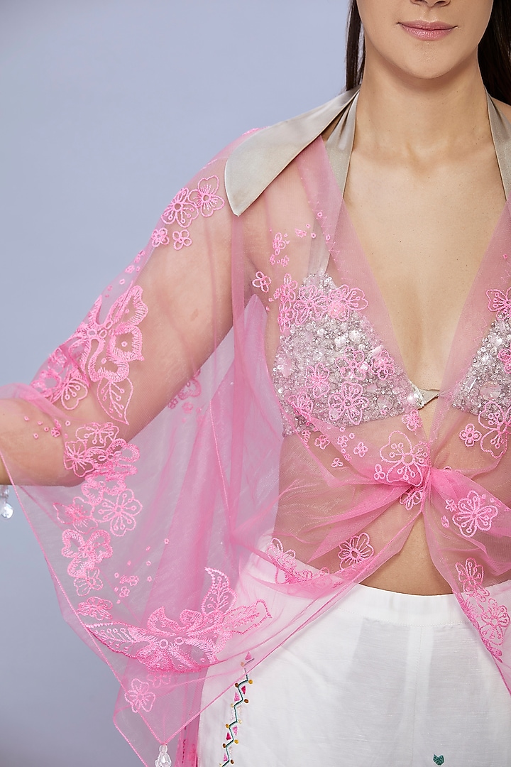 Pop Pink Net Thread Embroidered Kaftan by Dilnaz Karbhary at Pernia's Pop Up Shop