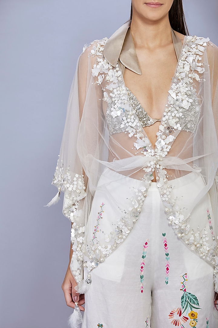 Ivory Net Sequins Embroidered Kaftan by Dilnaz Karbhary at Pernia's Pop Up Shop