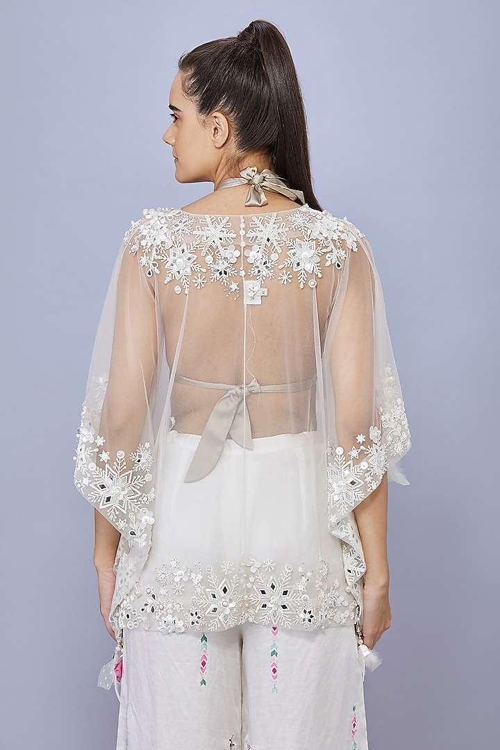 Ivory Net Mirror & Sequins Work Kaftan by Dilnaz Karbhary at Pernia's Pop Up Shop