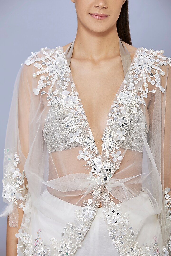 Ivory Net Mirror & Sequins Work Kaftan by Dilnaz Karbhary at Pernia's Pop Up Shop