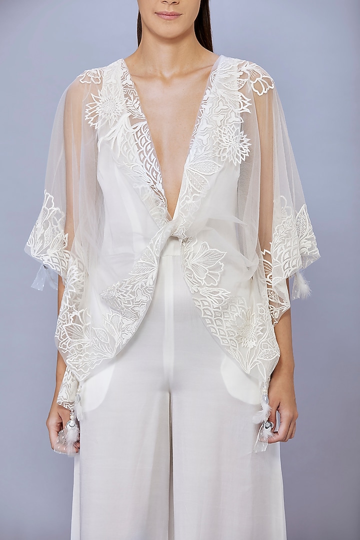 Ivory Blended Satin Jumpsuit With Kaftan by Dilnaz Karbhary at Pernia's Pop Up Shop