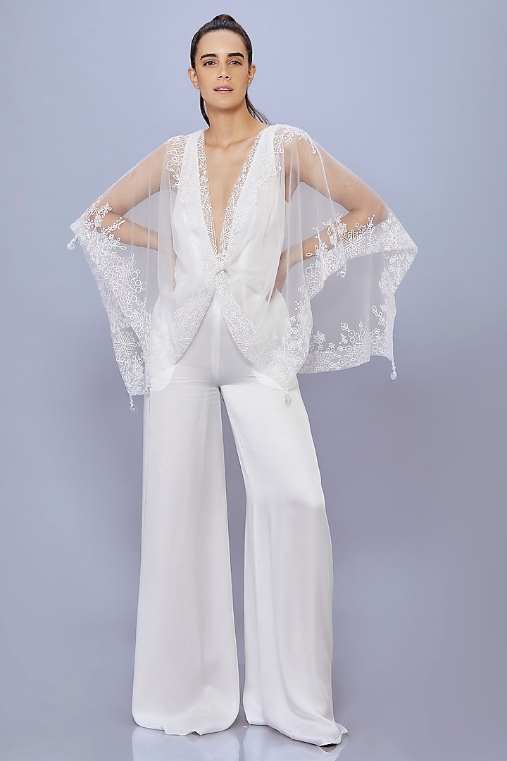 Ivory Blended Satin Jumpsuit With Kaftan by Dilnaz Karbhary at Pernia's Pop Up Shop