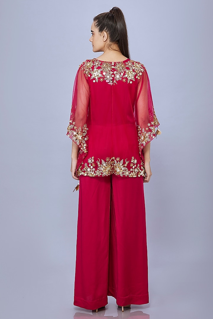 Ruby Pink Net Jumpsuit With Kaftan by Dilnaz Karbhary at Pernia's Pop Up Shop