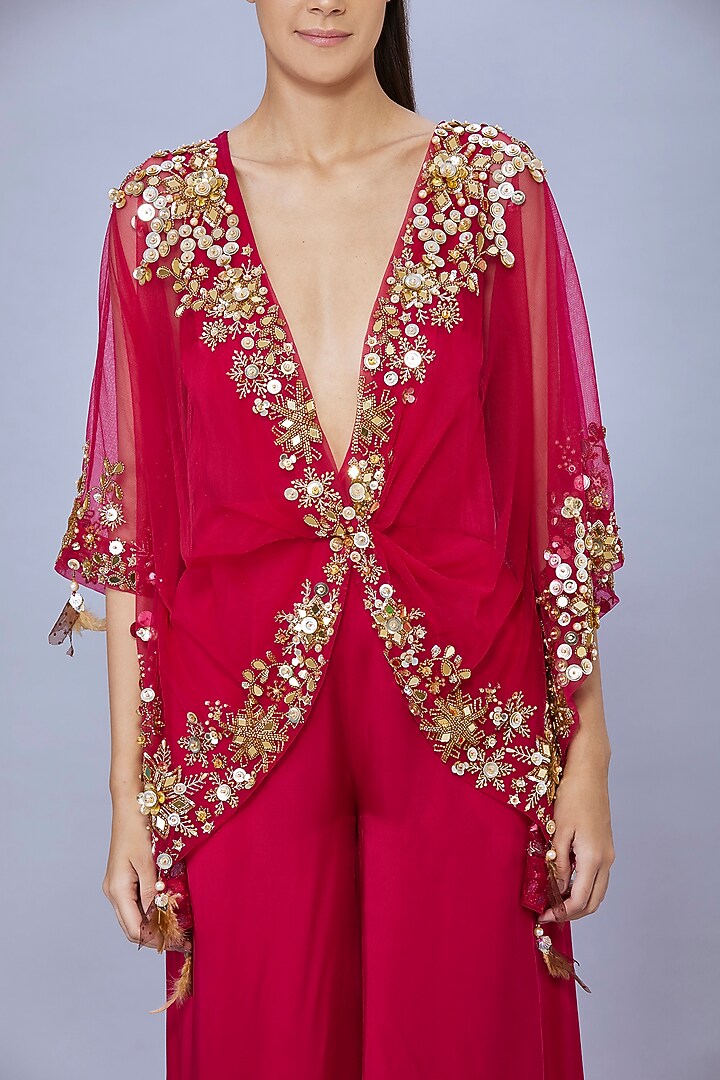 Ruby Pink Net Jumpsuit With Kaftan by Dilnaz Karbhary at Pernia's Pop Up Shop