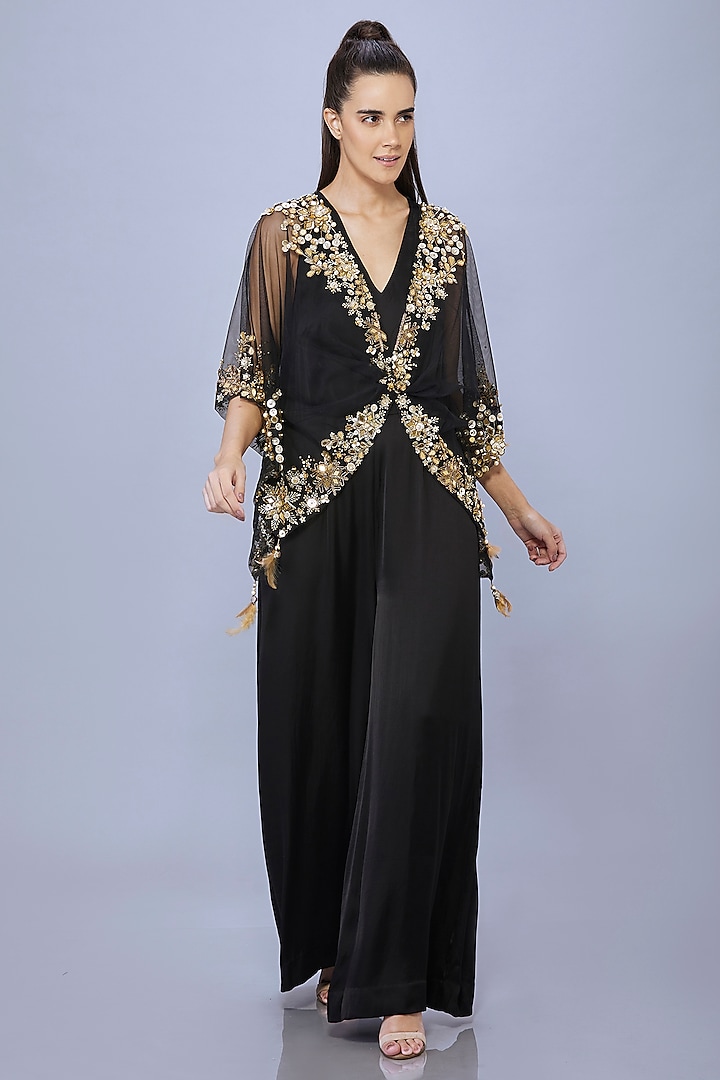 Black Net Jumpsuit With Kaftan by Dilnaz Karbhary at Pernia's Pop Up Shop