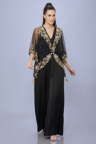 Black Net Jumpsuit With Kaftan by Dilnaz Karbhary