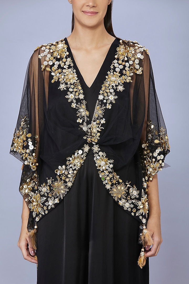 Black Net Jumpsuit With Kaftan by Dilnaz Karbhary at Pernia's Pop Up Shop