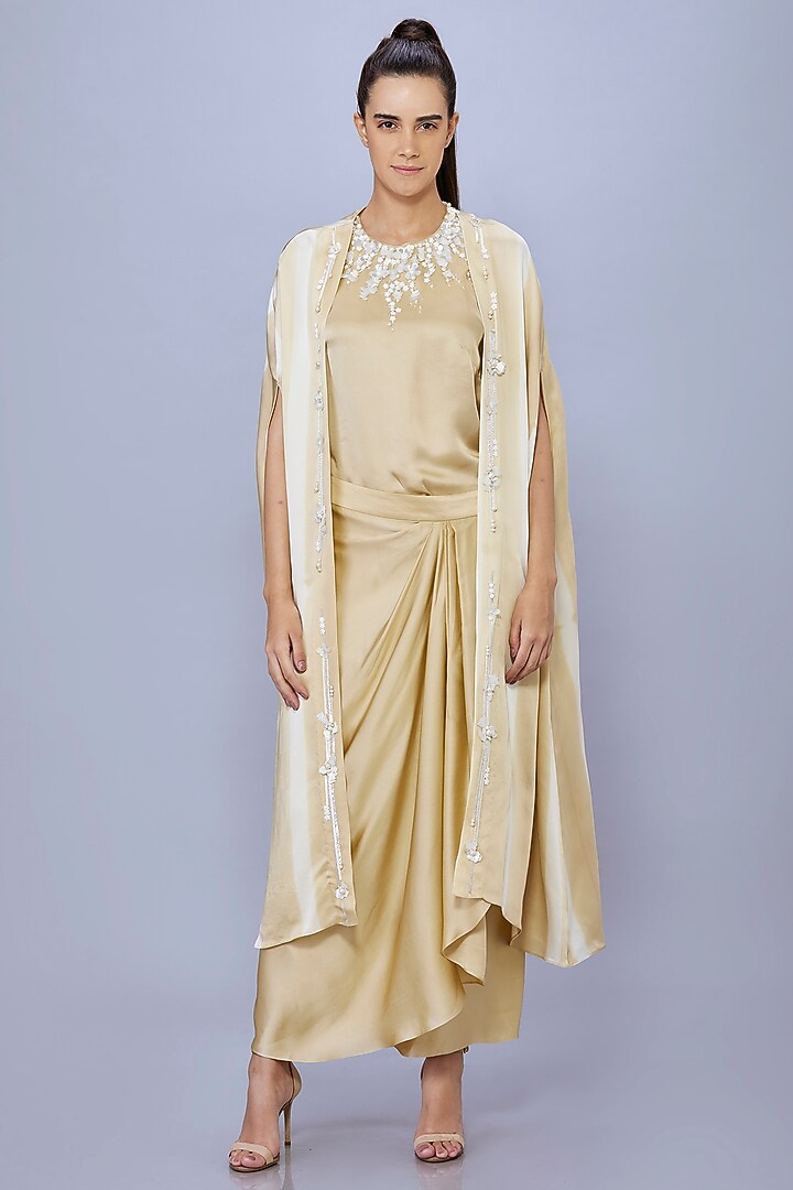 Beige Gold Blended Satin Pearl Embroidered Cape Set by Dilnaz Karbhary at Pernia's Pop Up Shop
