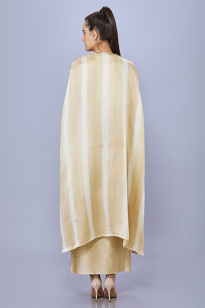 Beige Gold Blended Satin Pearl Embroidered Cape Set by Dilnaz Karbhary at Pernia's Pop Up Shop