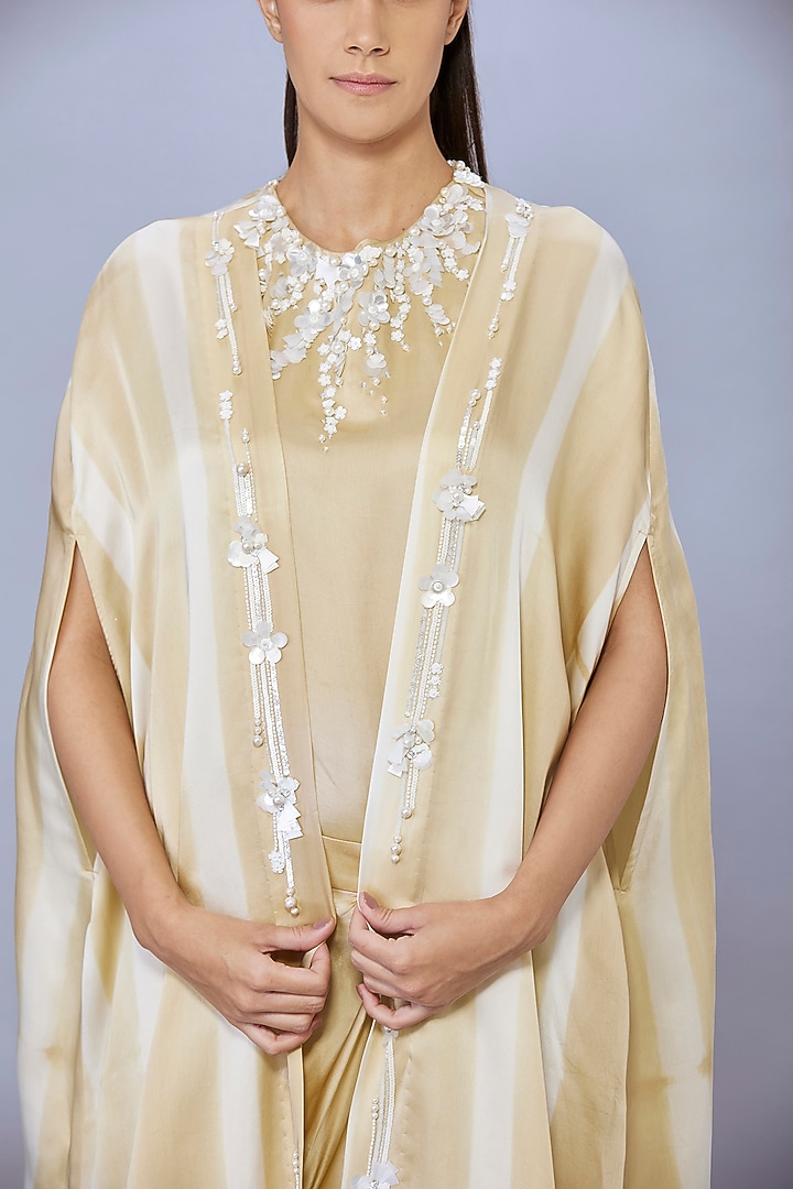 Beige Gold Blended Satin Pearl Embroidered Cape Set by Dilnaz Karbhary at Pernia's Pop Up Shop
