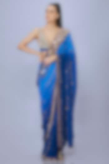 Sapphire Blue Georgette Embroidered Saree by Dilnaz Karbhary at Pernia's Pop Up Shop