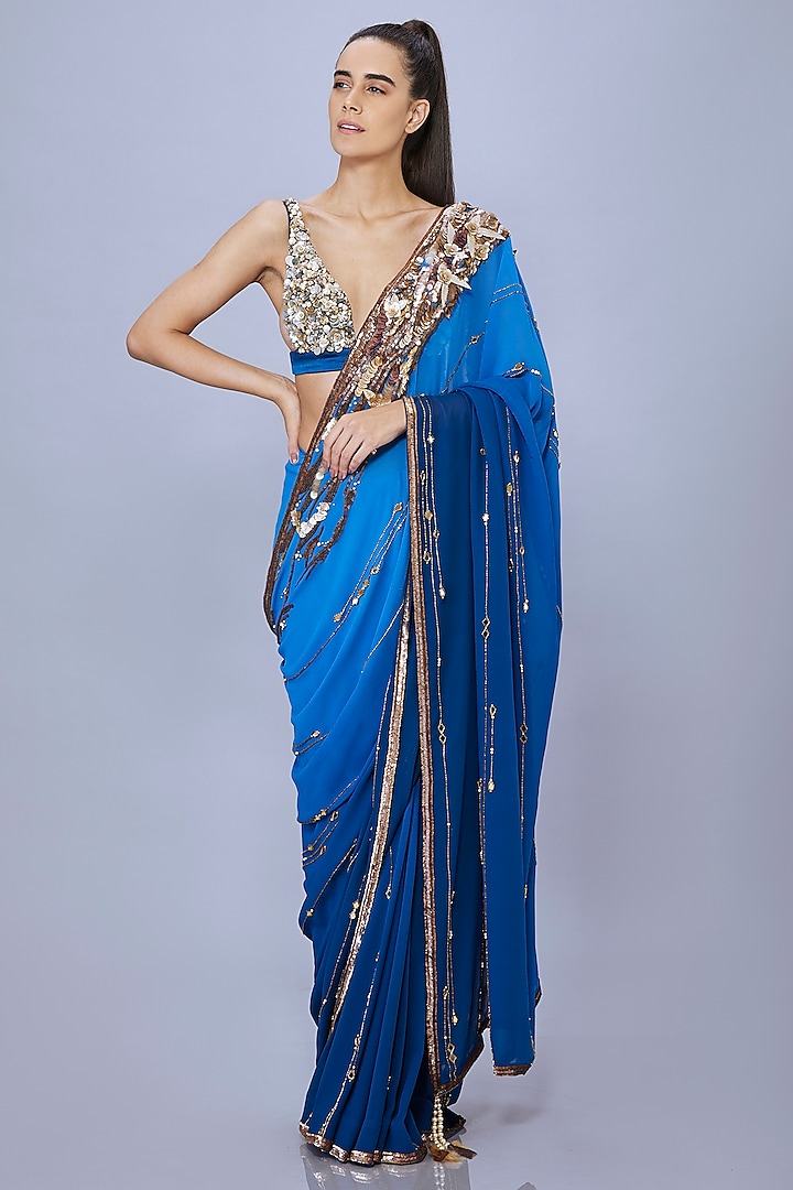 Sapphire Blue Georgette Embroidered Saree by Dilnaz Karbhary at Pernia's Pop Up Shop