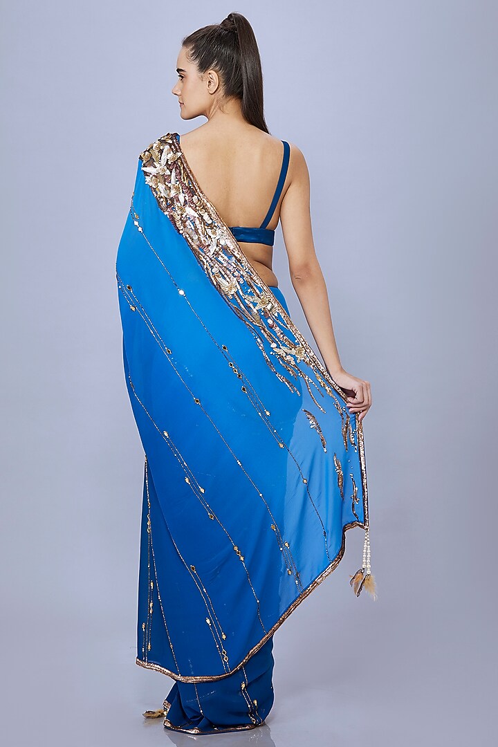 Sapphire Blue Georgette Embroidered Reception Saree by Dilnaz Karbhary at Pernia's Pop Up Shop