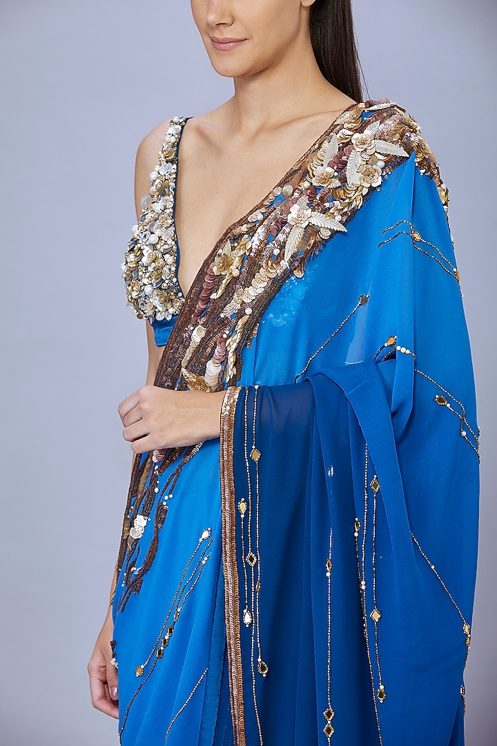 Sapphire Blue Georgette Embroidered Reception Saree by Dilnaz Karbhary at Pernia's Pop Up Shop