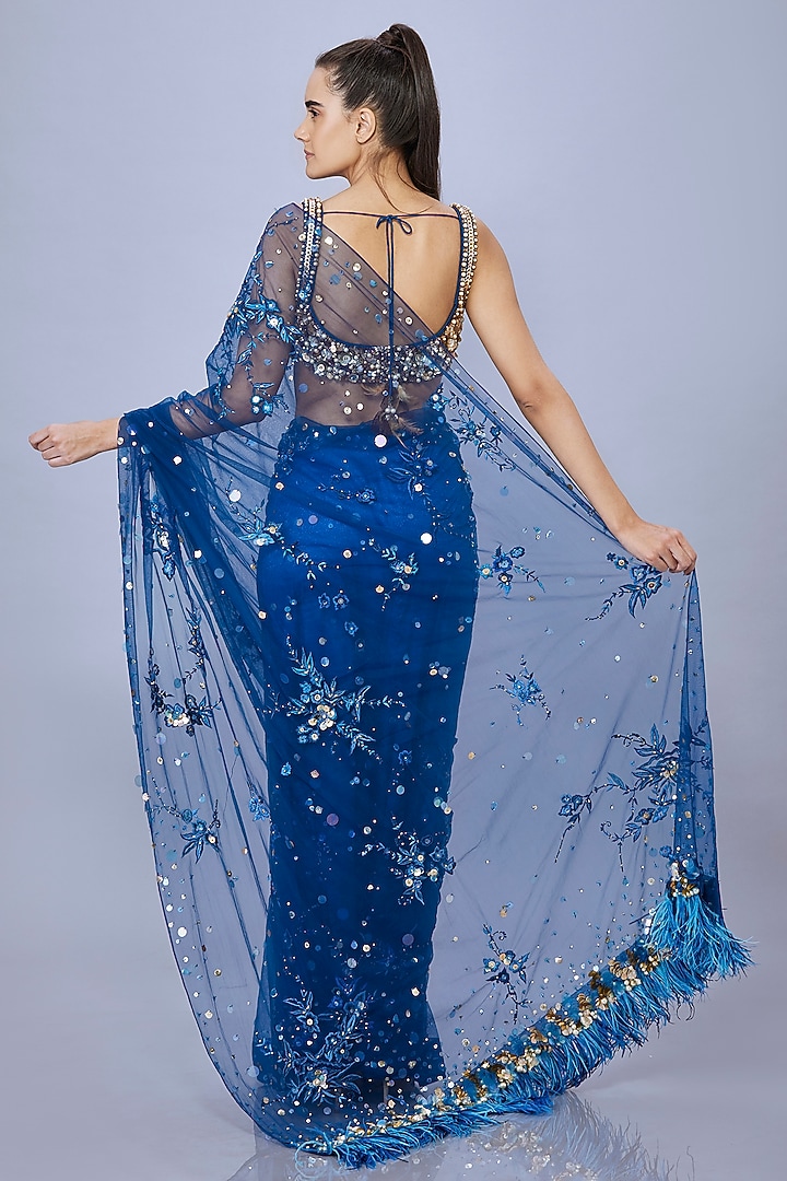 Sapphire Blue Net Floral Reception Saree by Dilnaz Karbhary at Pernia's Pop Up Shop