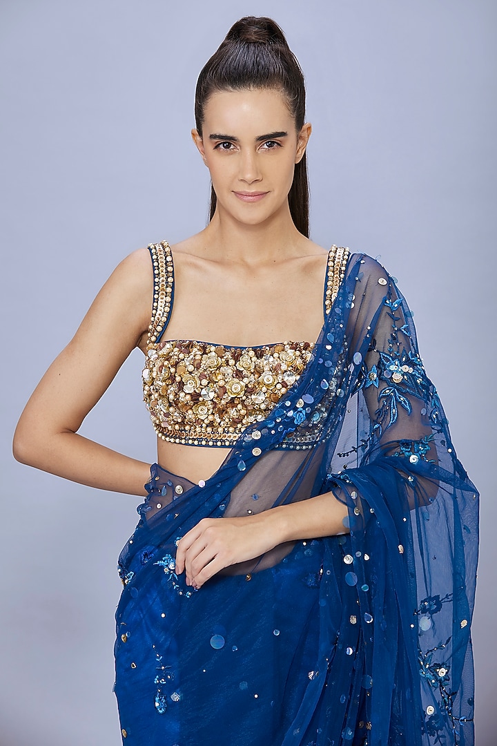 Sapphire Blue Net Floral Reception Saree by Dilnaz Karbhary at Pernia's Pop Up Shop