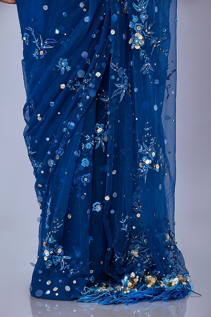 Sapphire Blue Net Floral Reception Saree by Dilnaz Karbhary at Pernia's Pop Up Shop