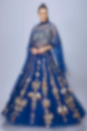 Sapphire Blue Net Embroidered Wedding Lehenga by Dilnaz Karbhary at Pernia's Pop Up Shop