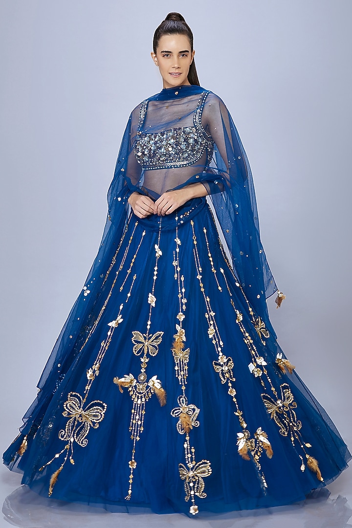 Sapphire Blue Net Embroidered Wedding Lehenga by Dilnaz Karbhary at Pernia's Pop Up Shop