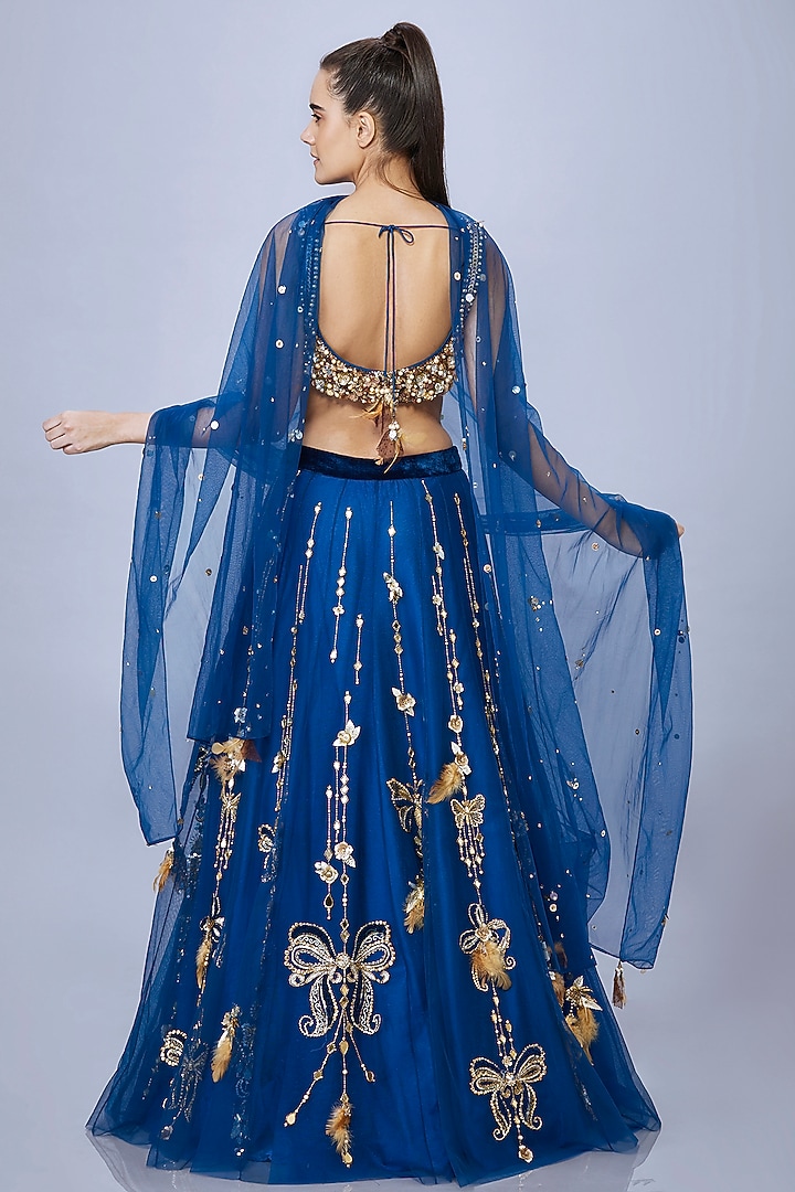 Sapphire Blue Net Embroidered Wedding Lehenga by Dilnaz Karbhary at Pernia's Pop Up Shop