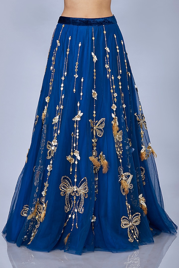 Sapphire Blue Net Embroidered Wedding Lehenga by Dilnaz Karbhary at Pernia's Pop Up Shop