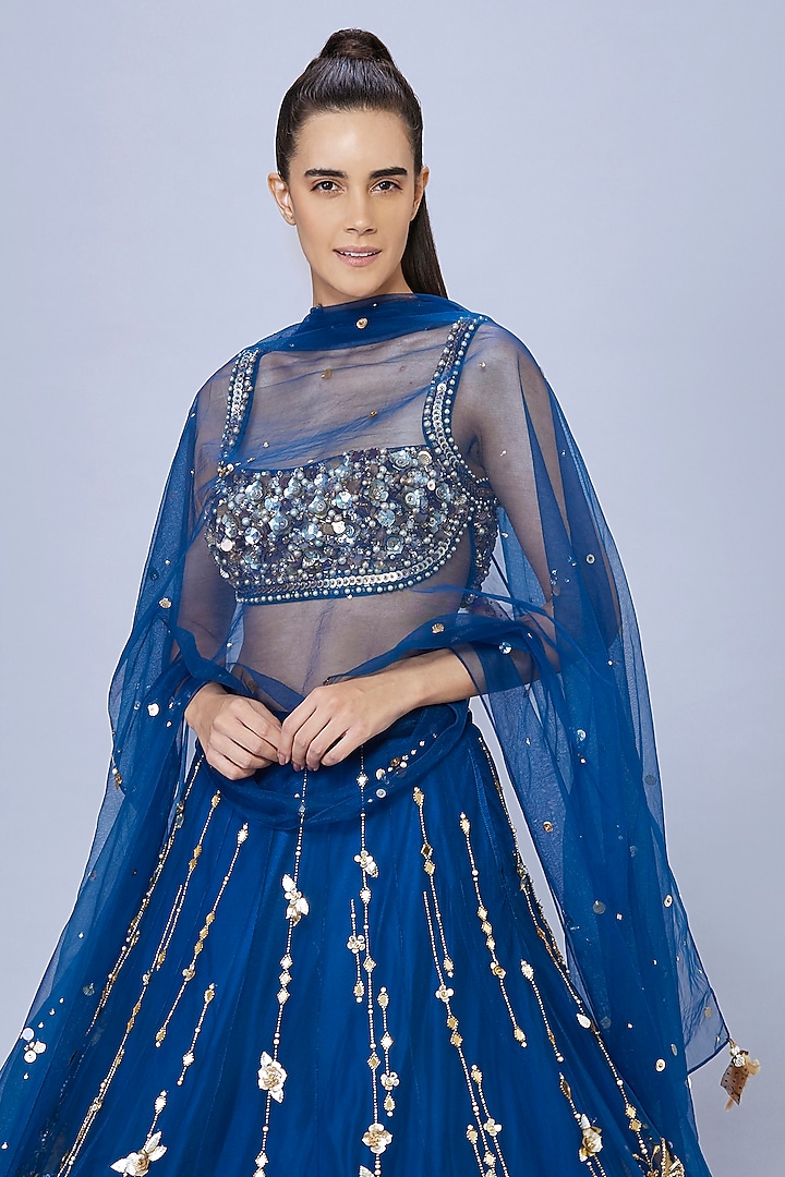 Sapphire Blue Net Embroidered Wedding Lehenga by Dilnaz Karbhary at Pernia's Pop Up Shop