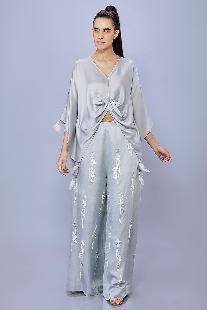 Light Grey Blended Satin Linen Pearl Sequin Trousers by Dilnaz Karbhary at Pernia's Pop Up Shop