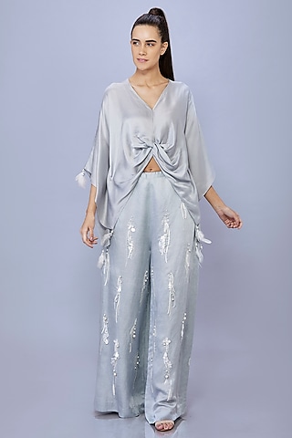 Light Grey Blended Satin Linen Pearl Sequin Trousers by Dilnaz Karbhary