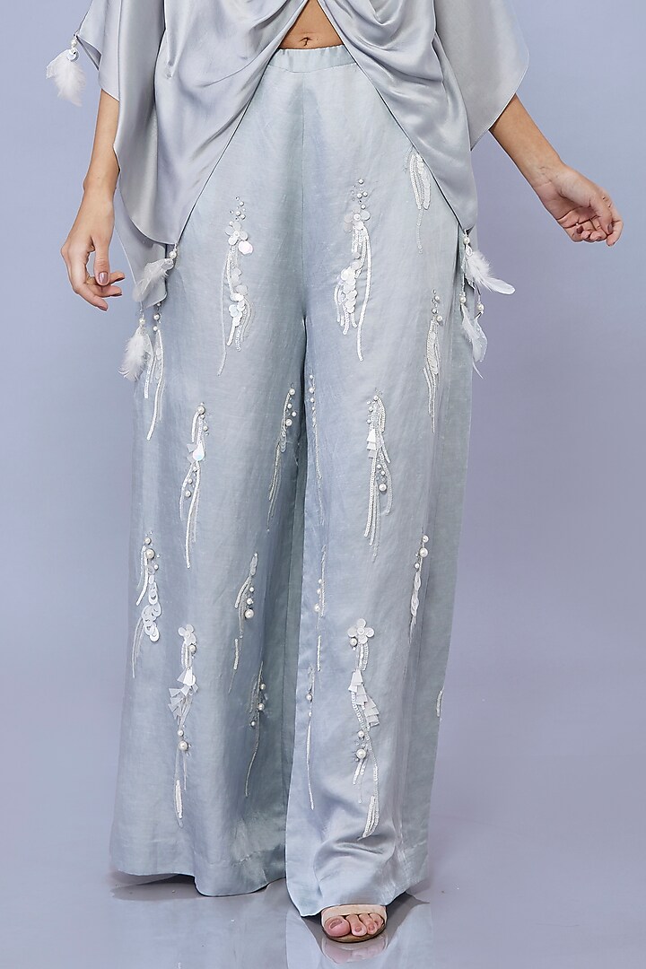 Light Grey Blended Satin Linen Pearl Sequin Trousers by Dilnaz Karbhary at Pernia's Pop Up Shop