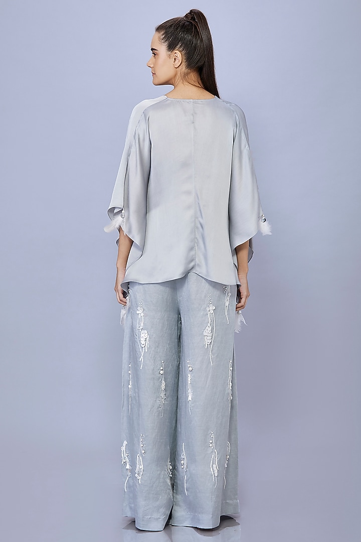 Light Grey Blended Satin Linen Pearl Sequin Trousers by Dilnaz Karbhary at Pernia's Pop Up Shop