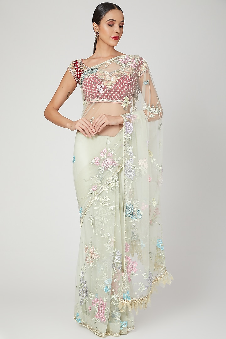 Mint Green Embroidered Saree Set by Dilnaz Karbhary