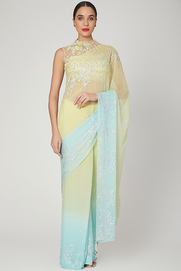 Yellow & Blue Silk Chiffon Zardosi Embroidered Shaded Saree Set by Dilnaz Karbhary